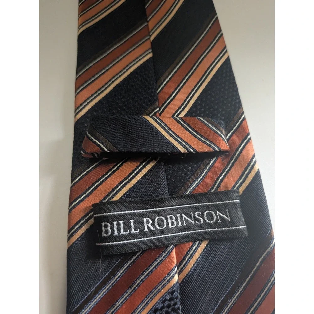Bill Robinson Mens Necktie Black Copper Orange Tan Striped Hand Made Polyester